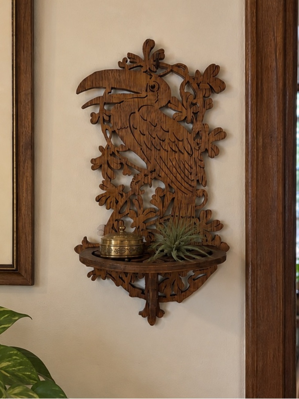 Vintage Wood Toucan Wall Shelf Folk Art Carved Bird Boho Rustic Tropical Decor